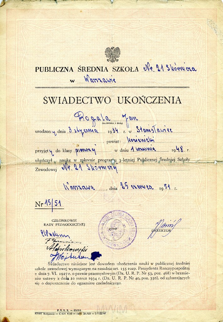 KKE 5852.jpg - Dok. Świadectwo ukończenia Szkoły Średniej wystawione przez Publiczną Średnią Szkołę im. Skórnicza dla Jana Rogala, Warszawa, 25 VI 1951 r.